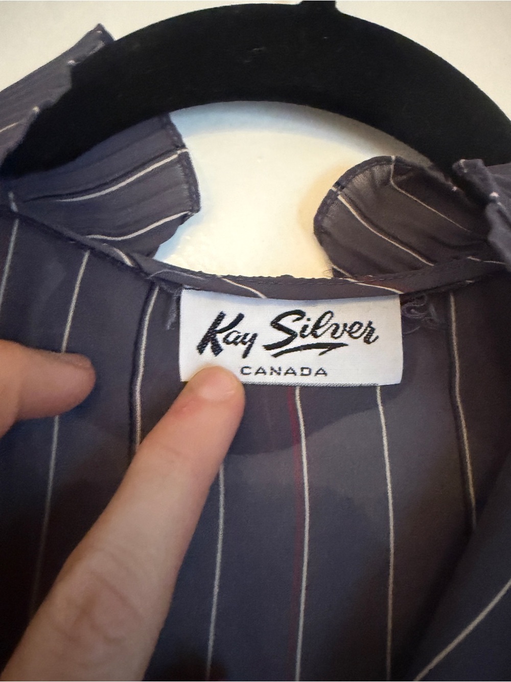 Vintage 70s Ruffle-Trim Navy Pinstripe Blouse - Picture 6 of 12